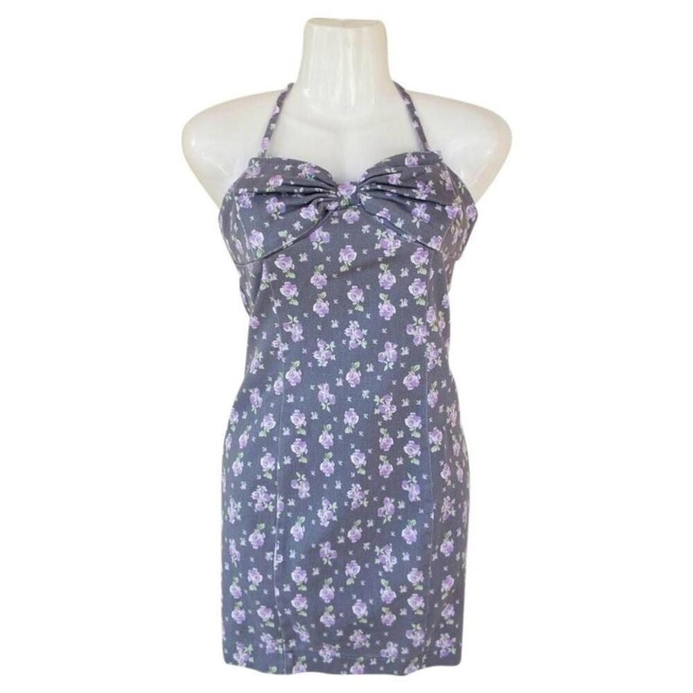 Akualani Floral Print Halter Zipper Mini Dress with Bow Detail Small